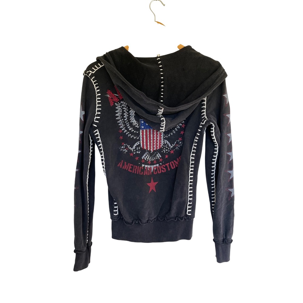 VTG Y2K Affliction American Customs Zip Hoodie Small Black Rhinestone Grunge